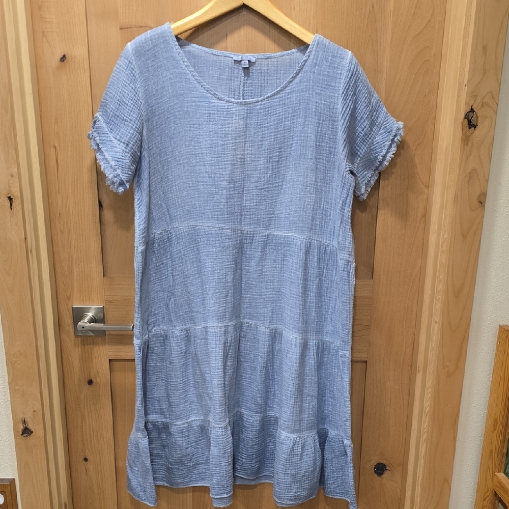 Kaktus Denim Blue Beach Cotton Gauze Midi Dress Made In Italy